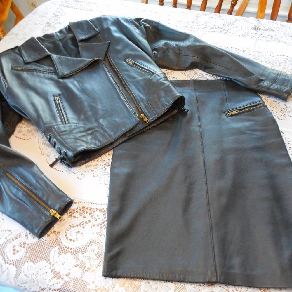 FABULOUS MOTO SKIRT & JACKET SET, Black Leather